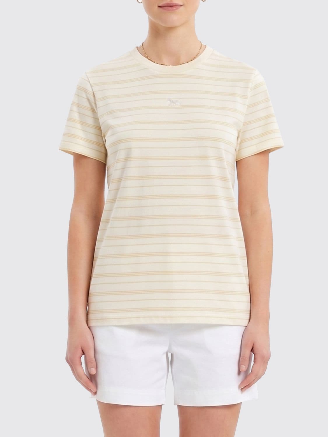 Maison Kitsuné Striped Cropped Lyocell T-Shirt with Embroidered Logo