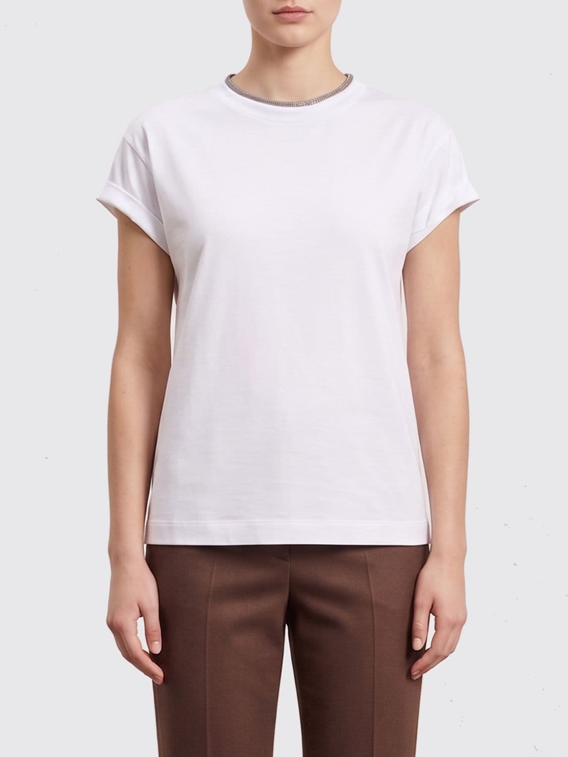 Brunello Cucinelli Short-Sleeved Cotton T-Shirt with Monili Embroidery