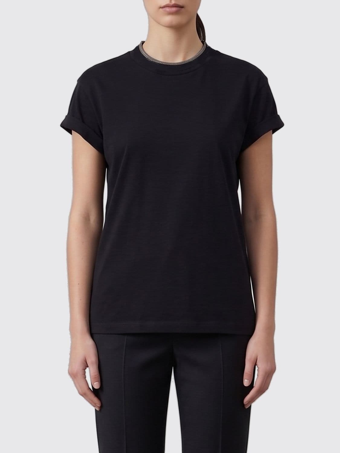 Brunello Cucinelli Short-Sleeved Cotton T-Shirt with Monili Embroidery