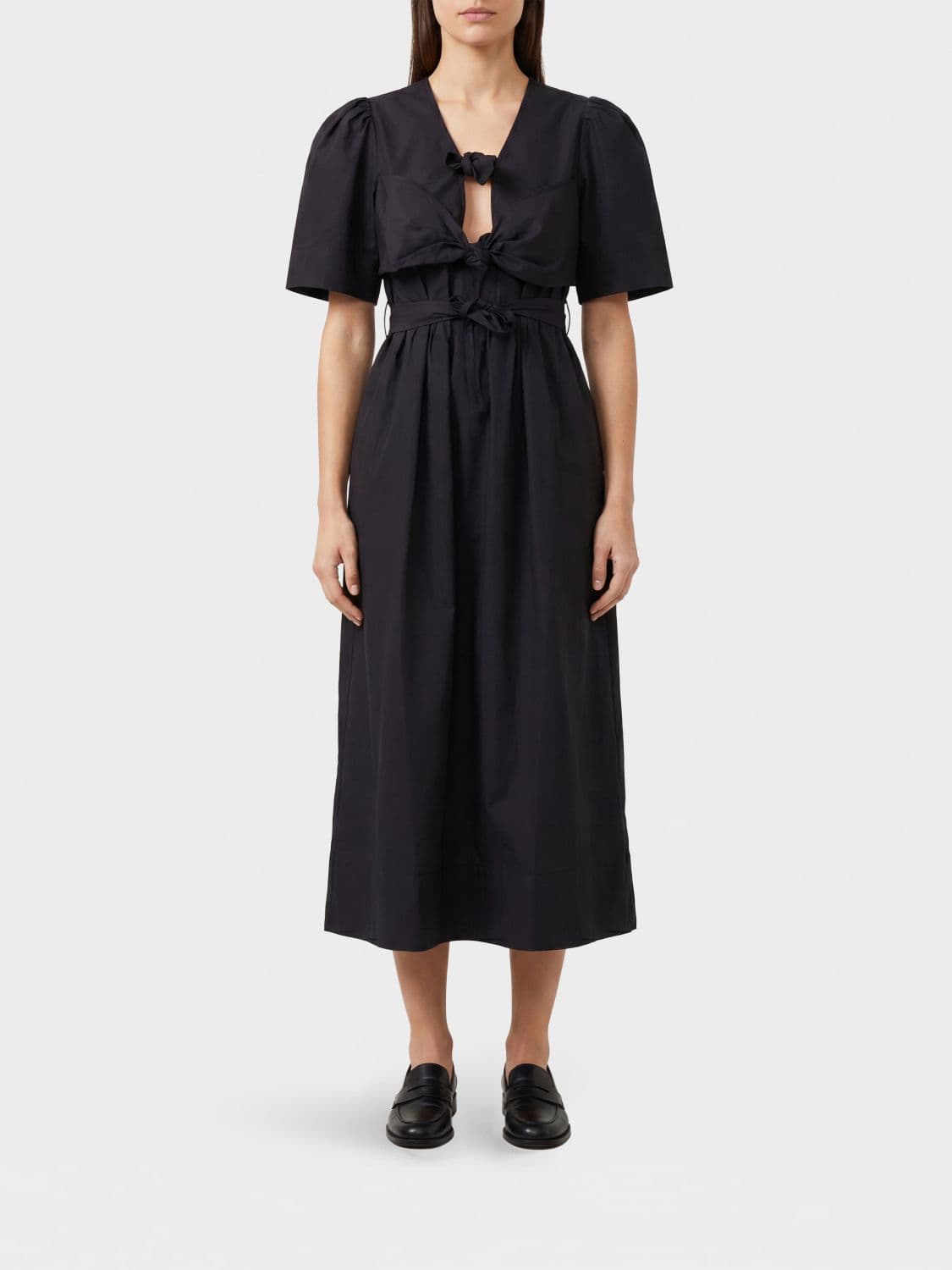 Ganni Stretch Cotton Midi Shirt Dress with Puff Sleeves and V-Neck