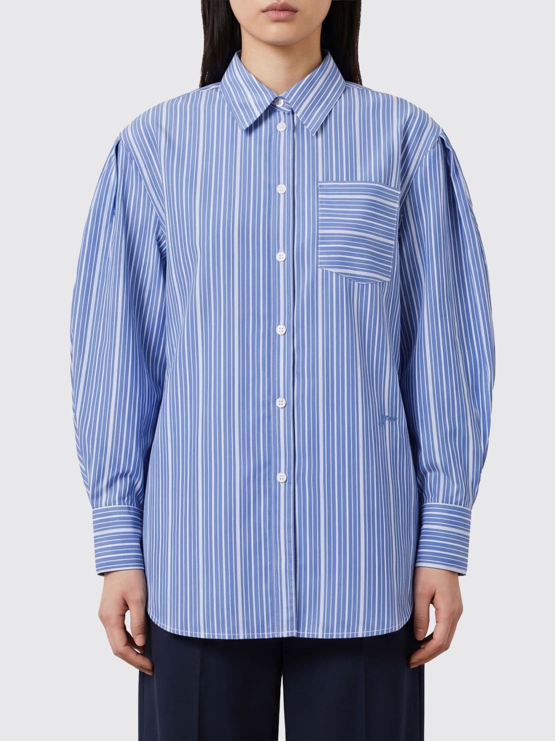 Ganni Striped Cotton Shirt with Balloon Sleeves and Classic Collar