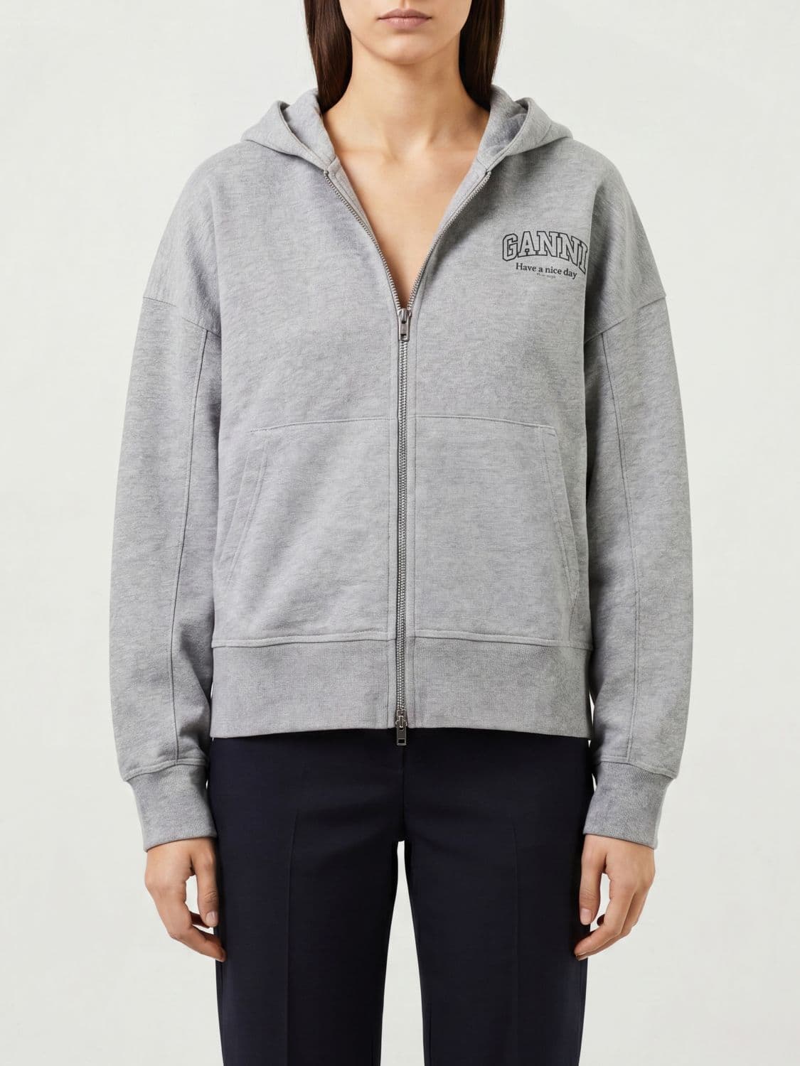 Ganni Relaxed Fit Hooded Zip-Up Sweatshirt in Cotton with Contrast Logo