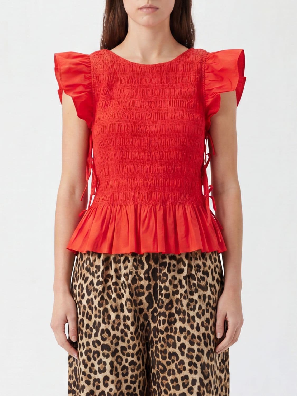 Ganni Sleeveless Ruched Top in Stretch Cotton with a Crew Neck