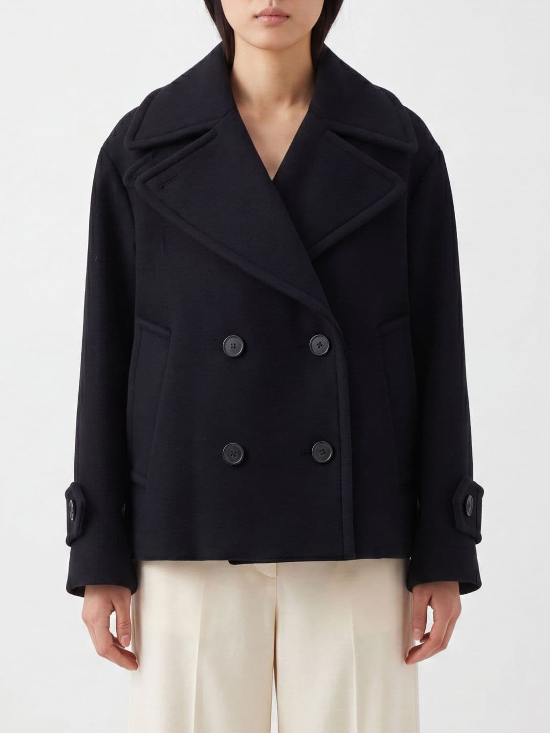 Chloé Double-Breasted Wool Blend Pea Coat with Dropped Shoulders
