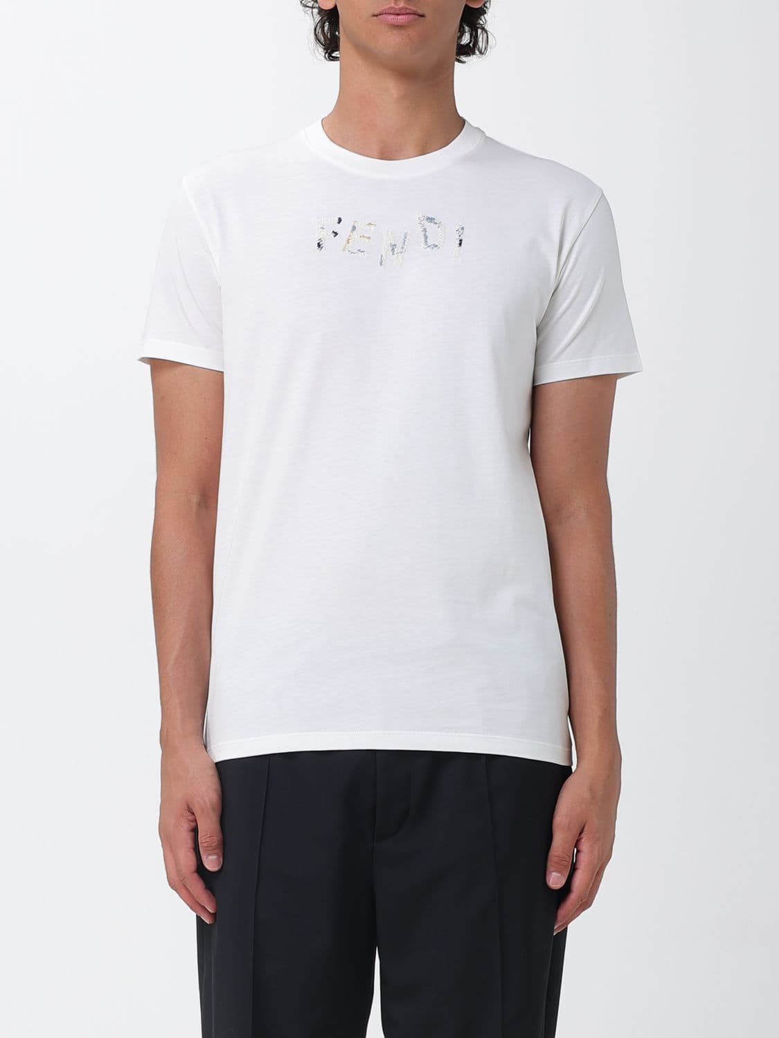 Fendi Slim Fit Cotton T-shirt with Contrast Embroidered Logo