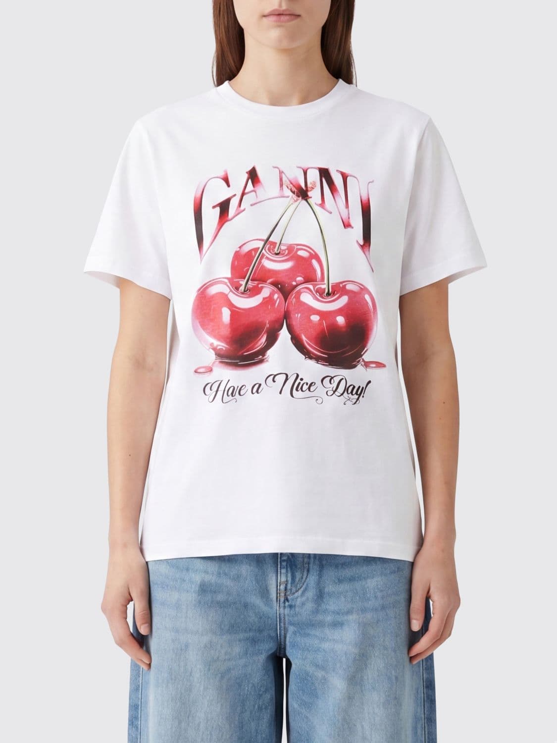 Ganni Fruit and Logo Print Cotton T-Shirt