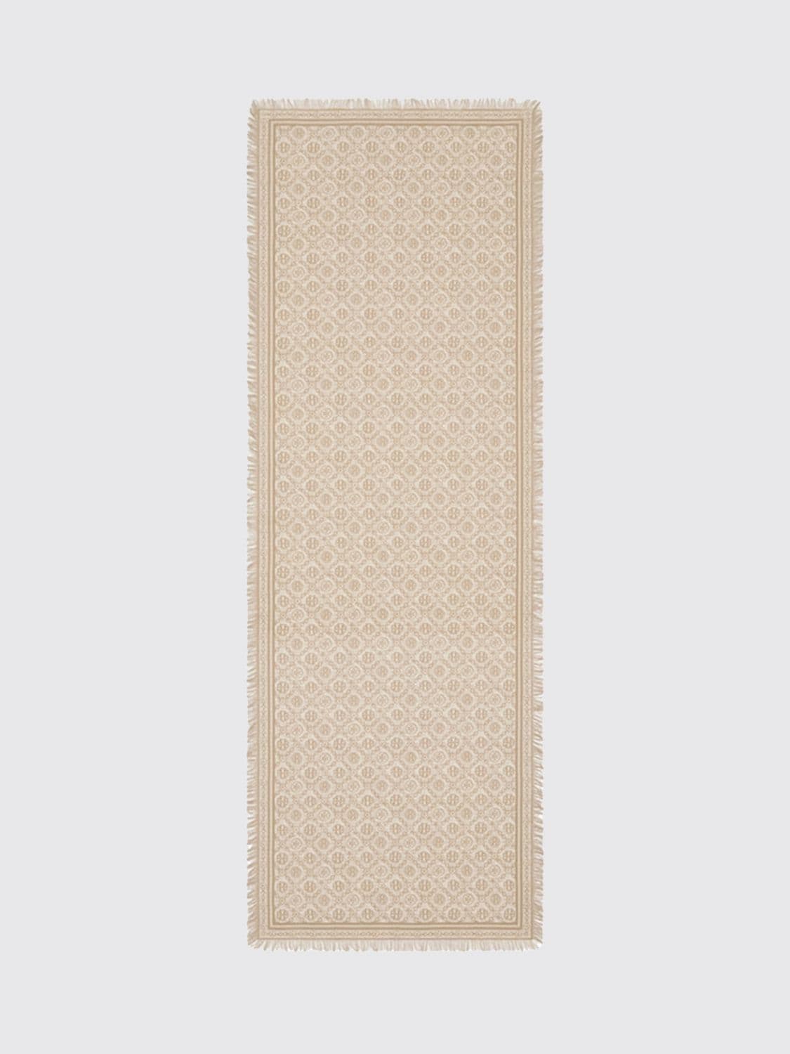 Tory Burch Monogram Wool and Silk Blend Scarf with Fringed Edges · OS