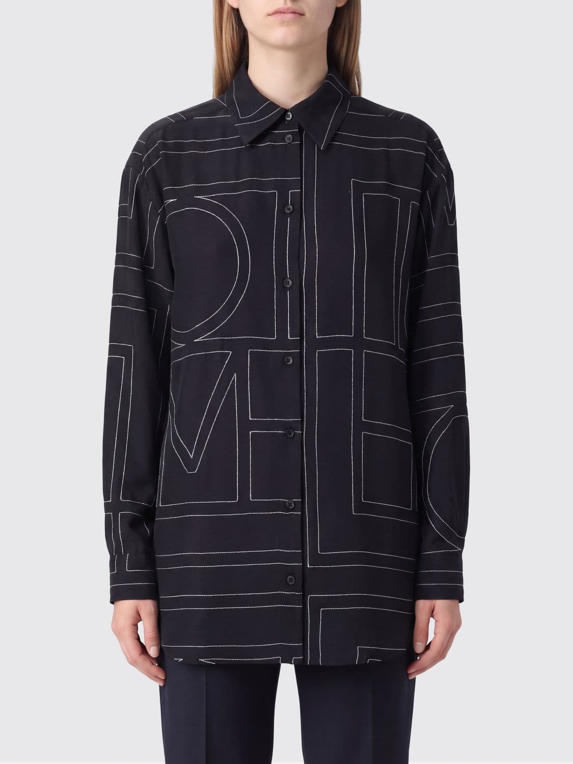 Toteme Relaxed Fit Cotton Shirt with Contrast Monogram and Dropped Shoulders