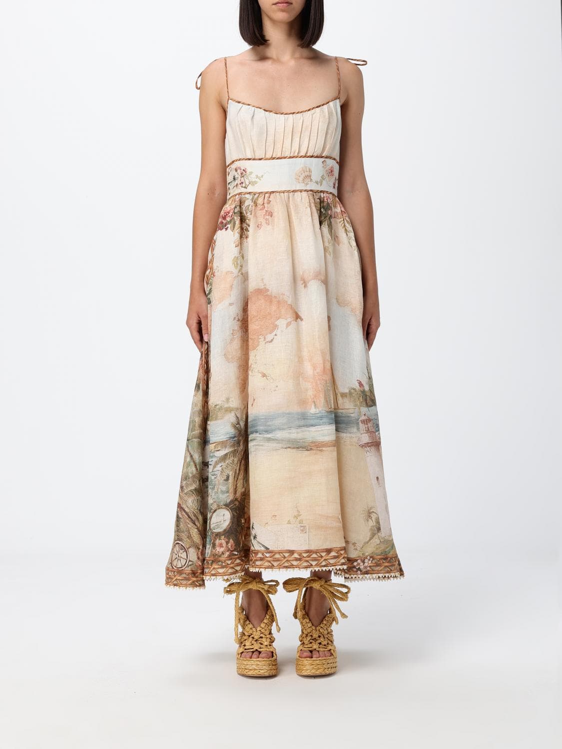 Zimmermann Mahon Off-The-Shoulder Graphic Print Linen Midi Dress
