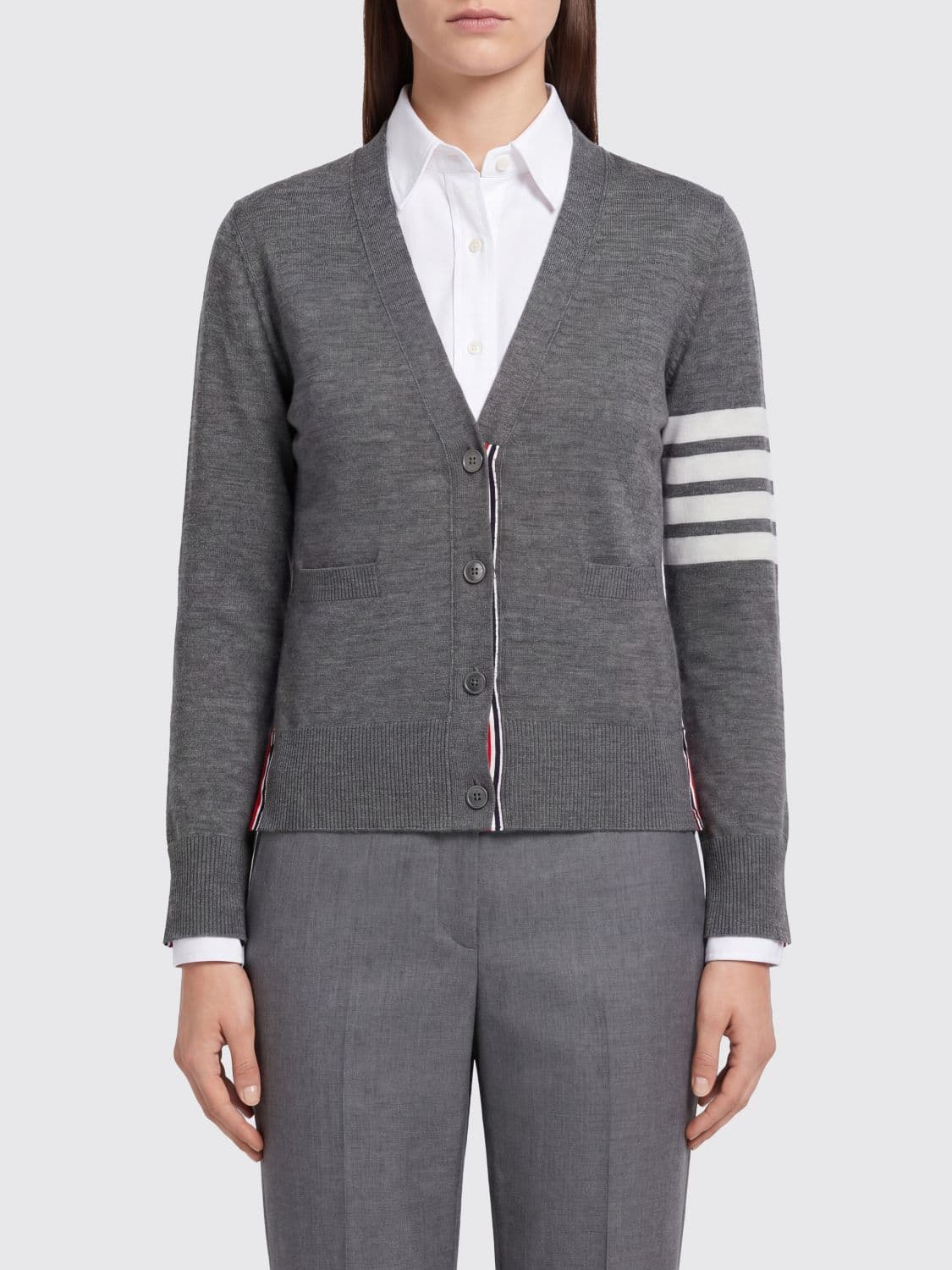 Thom Browne Slim Fit Cardigan in Virgin Wool with V-Neck and 4-Bar Logo