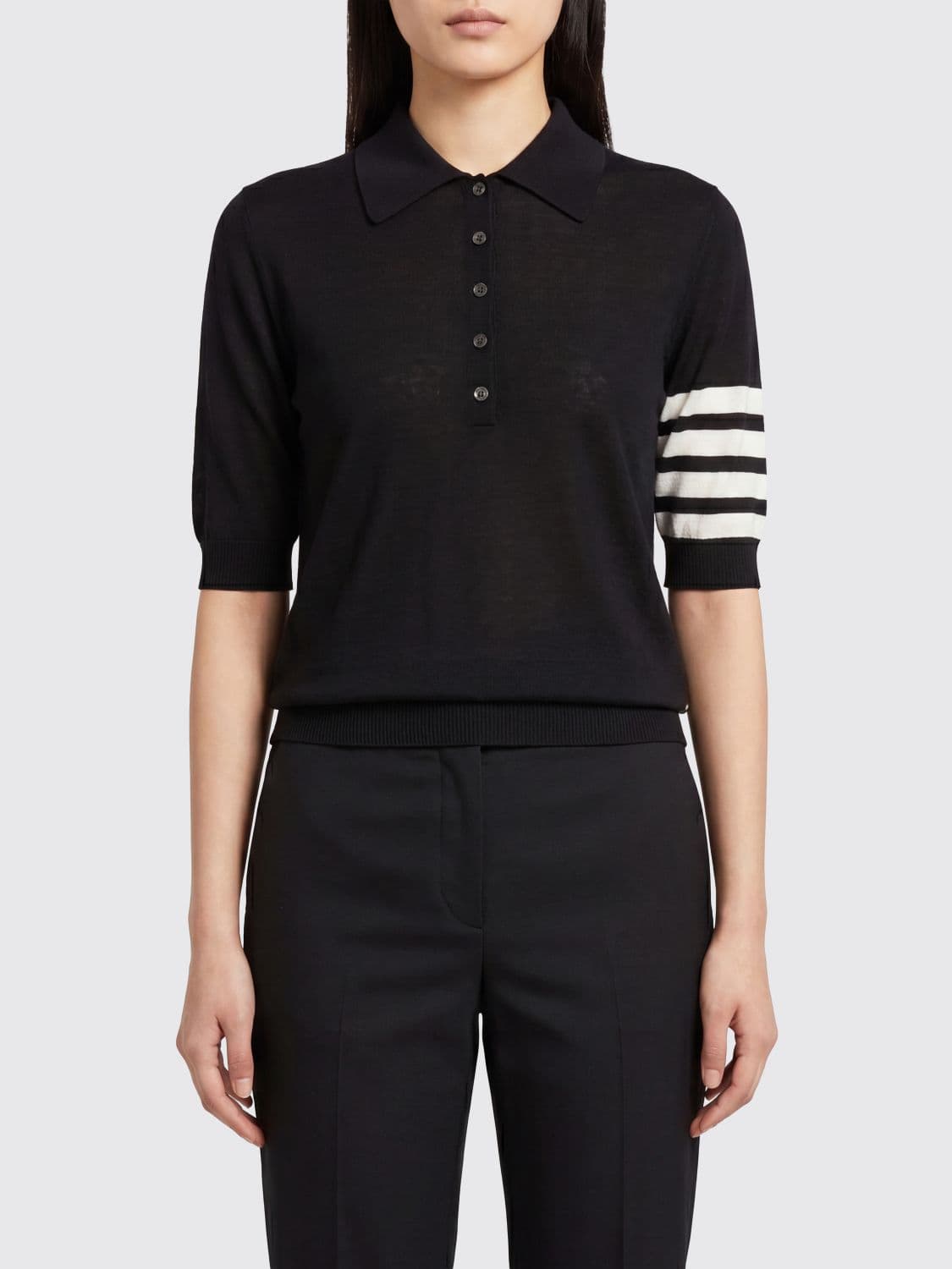 Thom Browne Slim Fit Knitted Polo Shirt in Virgin Wool with 4-Bar Stripe