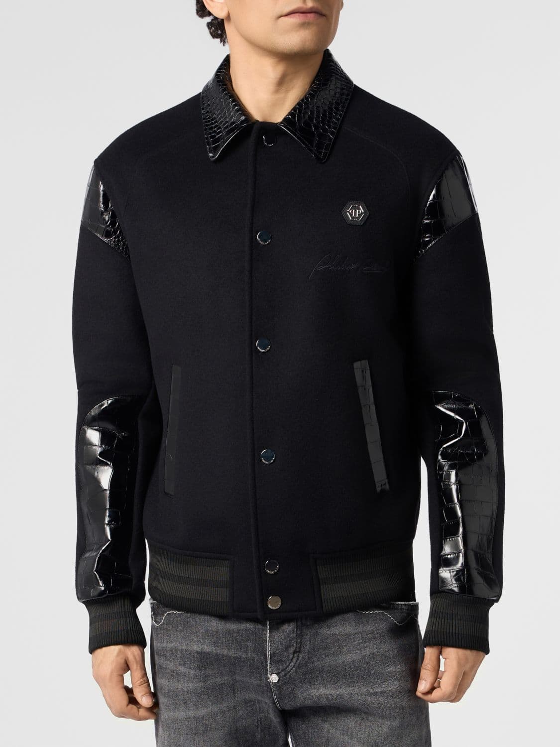 Philipp Plein Coster Wool and Leather Bomber Jacket with Monogram and Crocodile Effect