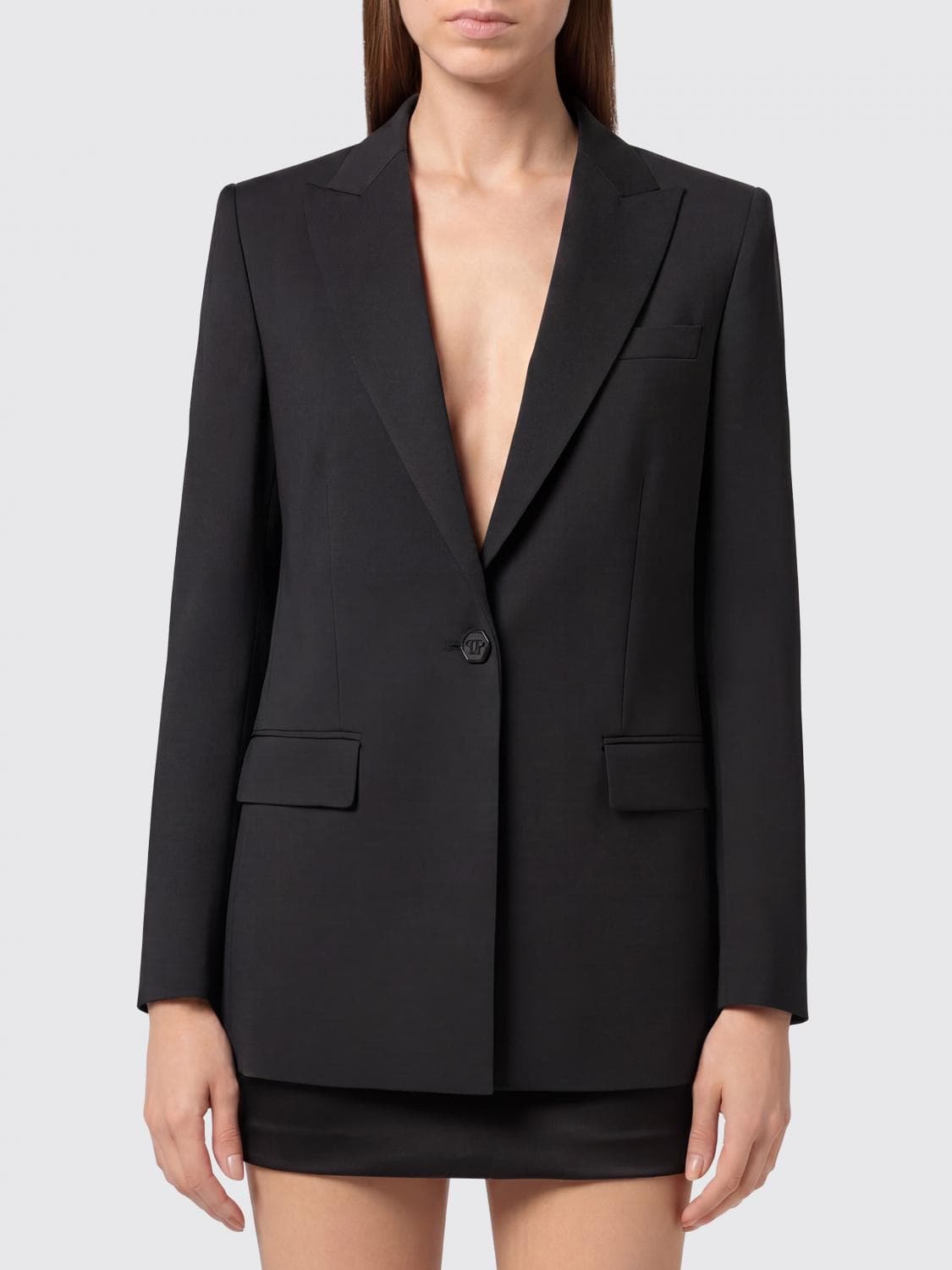 Philipp Plein Cropped Blazer with Skull Print and Crystal Embellishments