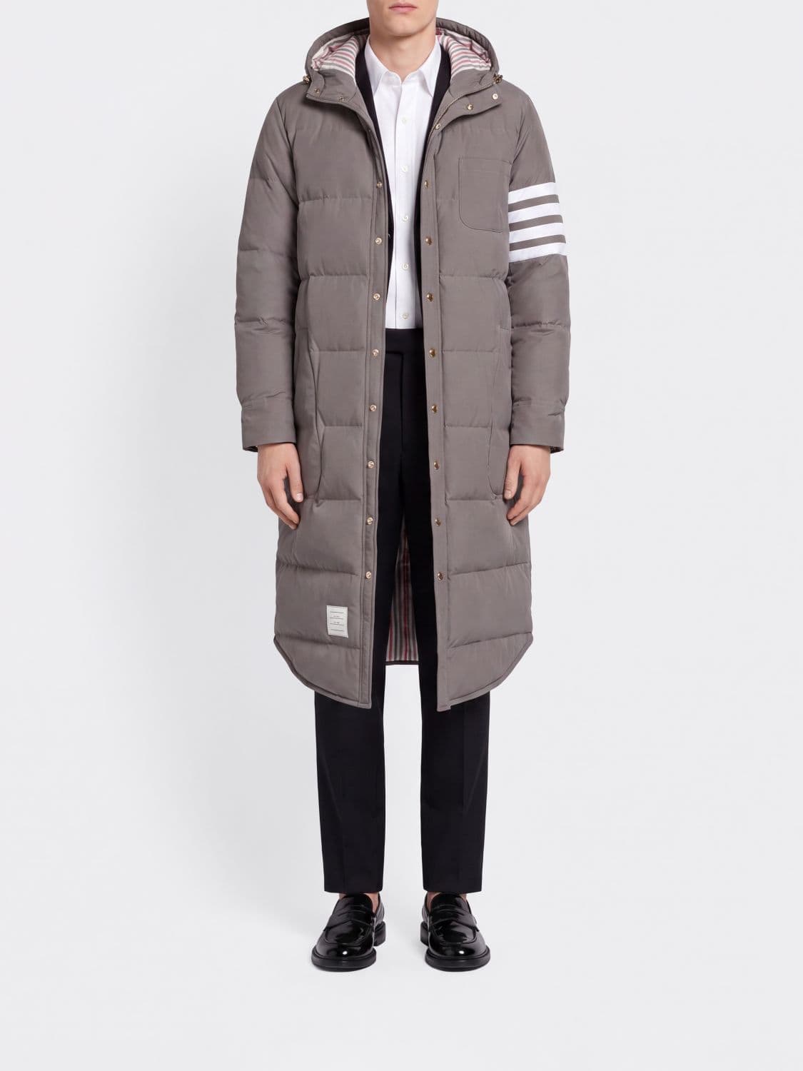 Thom Browne Hooded Nylon Down Jacket with 4-Bar Stripe