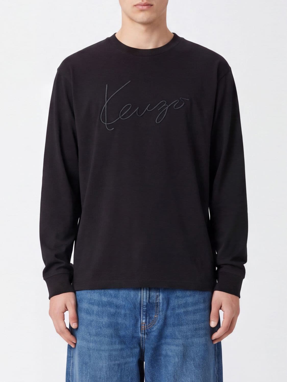 Kenzo Long-Sleeved Cotton T-Shirt with Tone-on-Tone Embroidered Logo