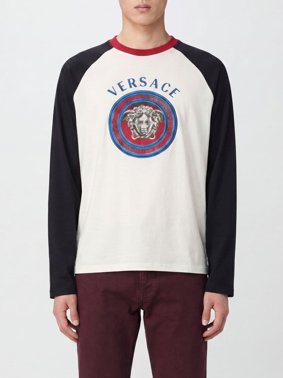 Versace Long-Sleeved Cotton T-shirt with Medusa Logo and Contrast Trims