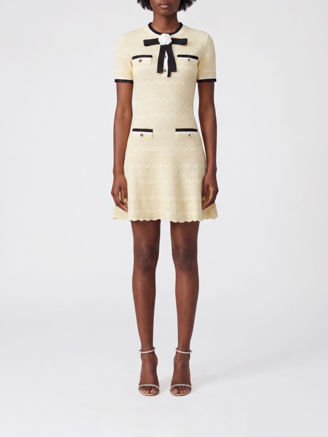 Self-Portrait Cotton-Knit Sheath Mini Dress with Bow Detail