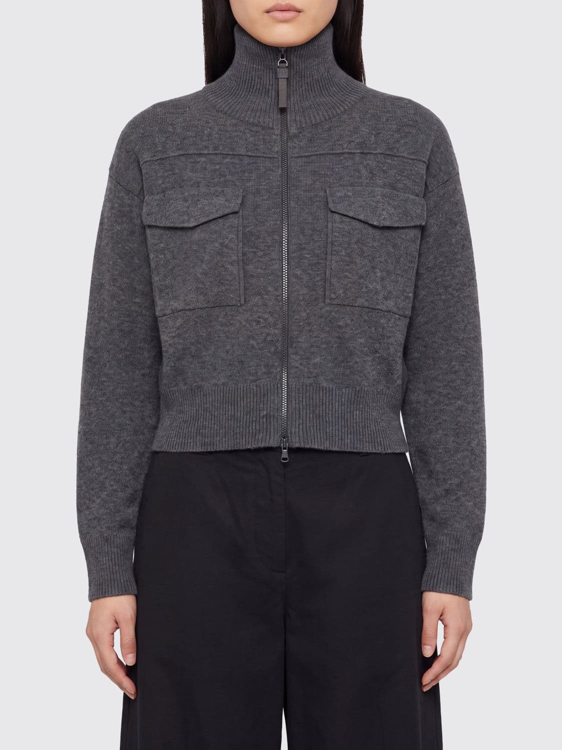 Brunello Cucinelli Cashmere Blend Cardigan with Collar and Zip Closure · L