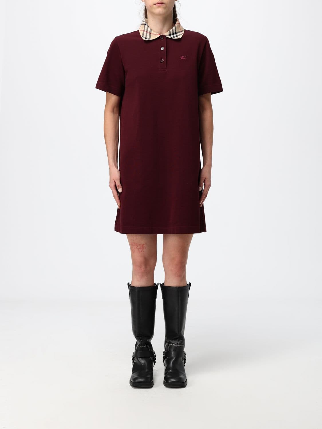Burberry Check-Patterned Collar Cotton Mini Polo Dress