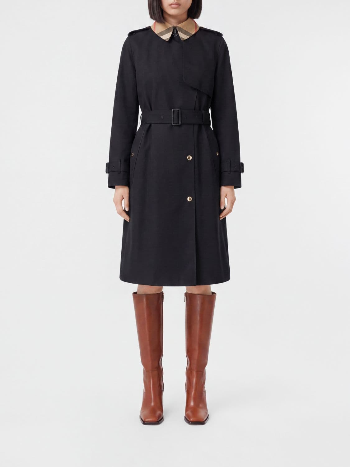 Burberry Black Cotton Double-Breasted Trench Coat with Belt and Check Collar