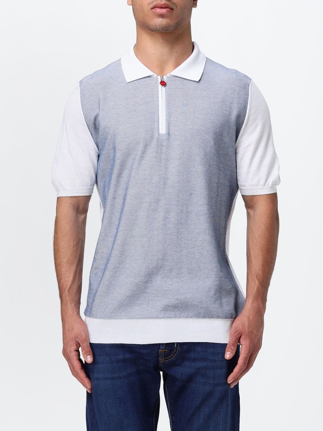 Kiton Bicolor Abstract Print Cotton Zip Polo with Short Sleeves