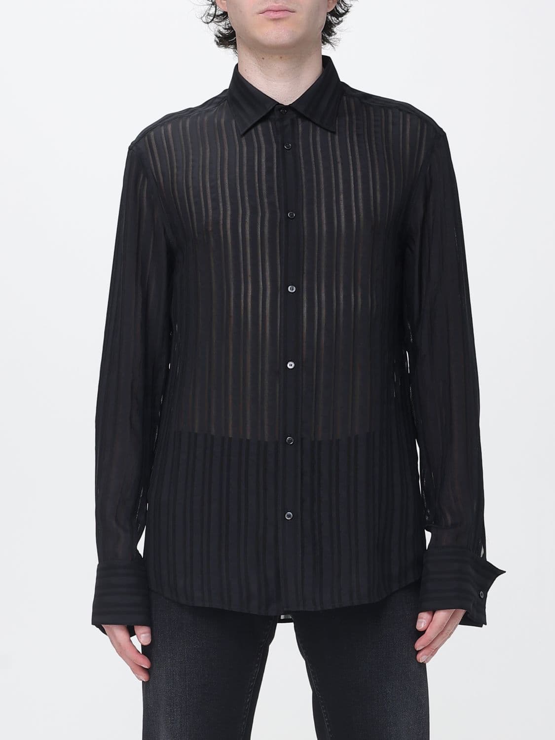Gucci Long-Sleeved Silk Shirt with French Collar and Curved Hem