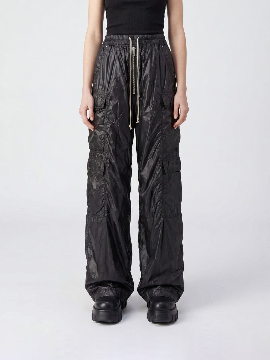 Rick Owens Drkshdw Drawstring High-Waisted Cargo Trousers in Crinkled Nylon · S