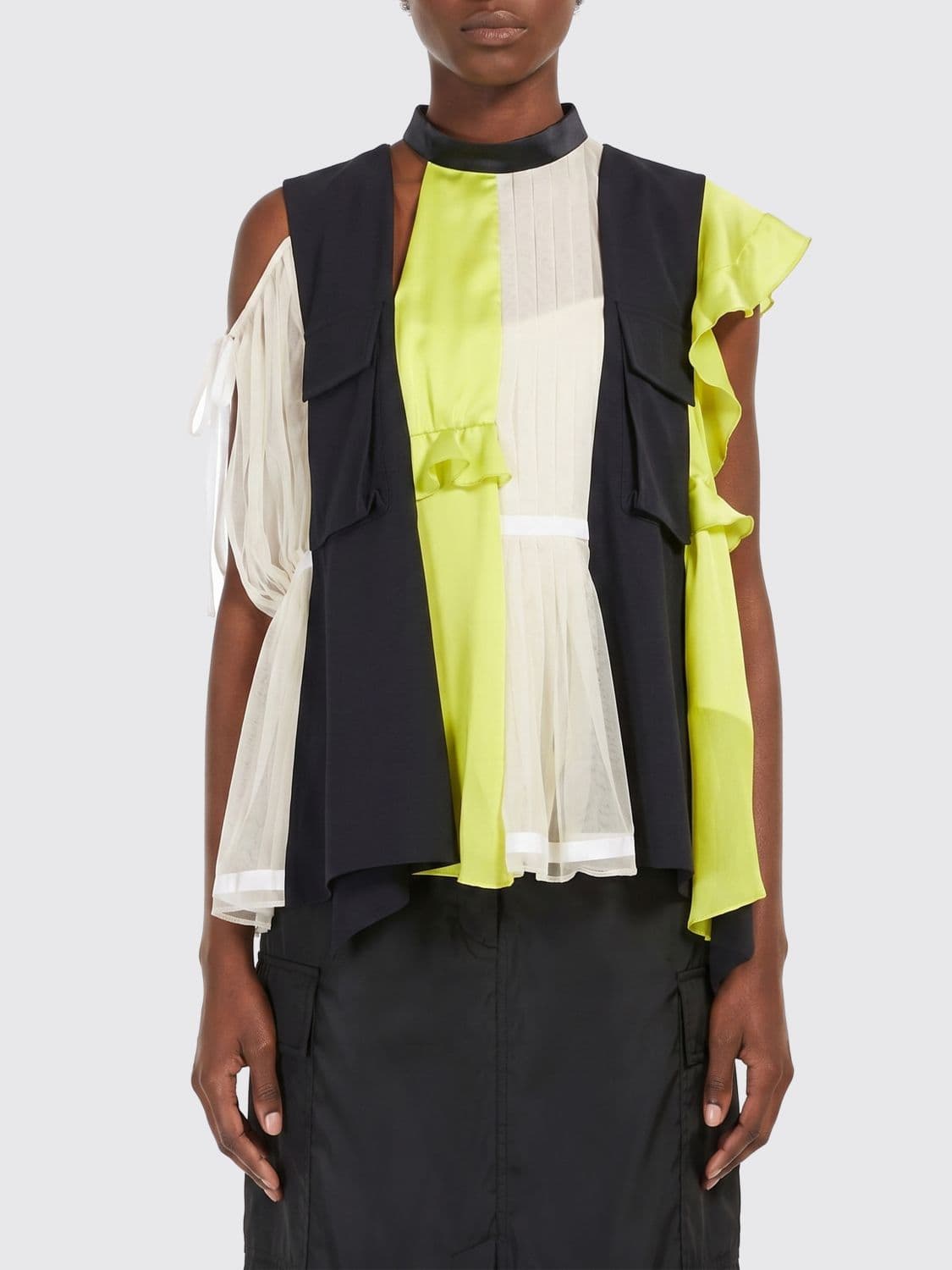 Sacai Sleeveless Asymmetrical Abstract Print Wool-Blend Blouse