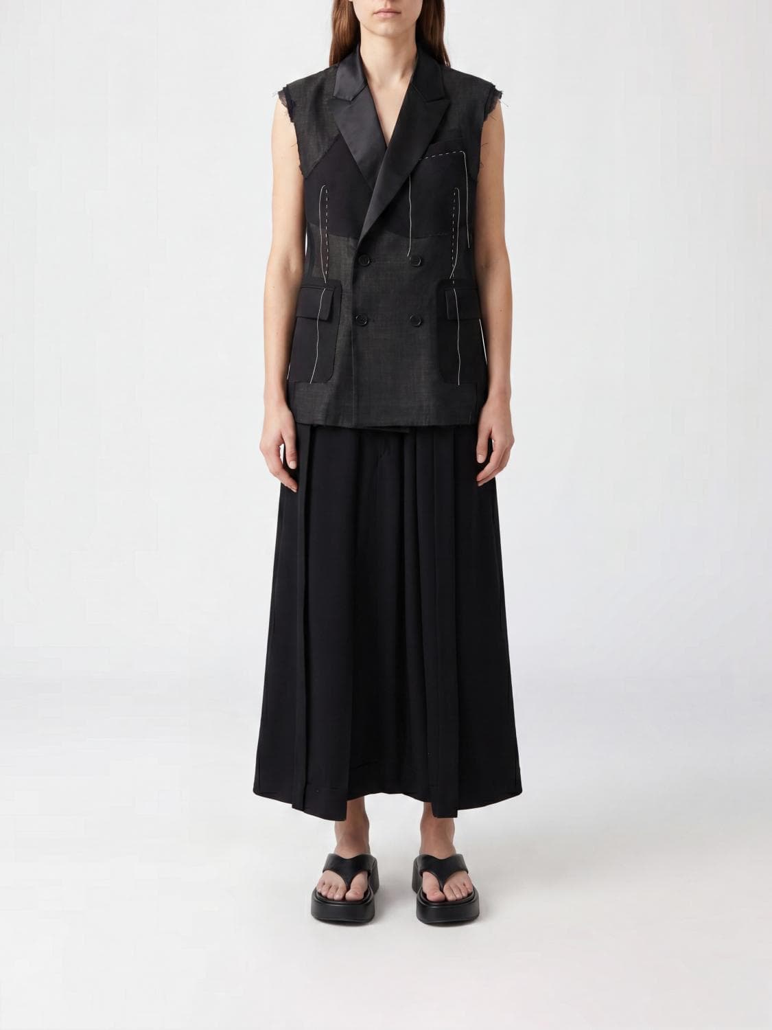 Sacai Long Double-Breasted Patchwork Wool and Silk Tailored Waistcoat