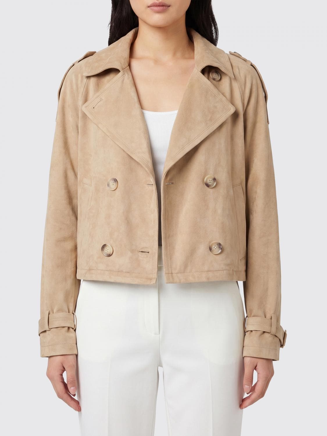 Urbancode Double-Breasted Short Trench Coat in Faux Suede with Waist Belt