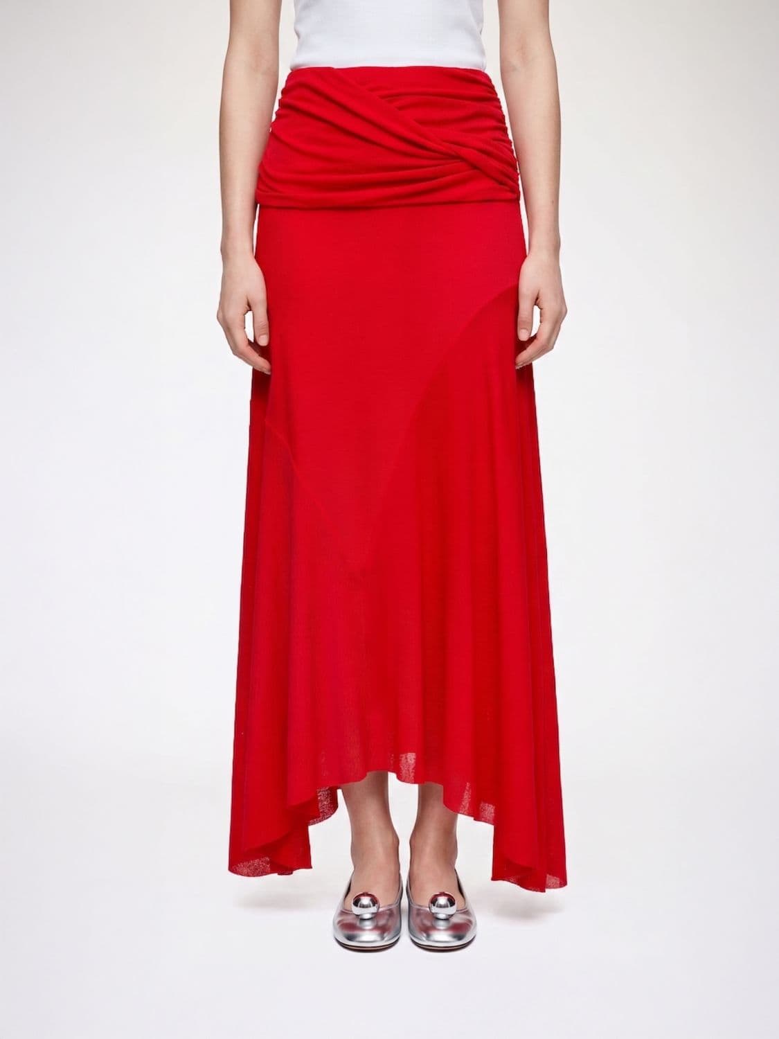 Ganni Asymmetrical Draped Crêpe Midi Skirt with a High Waist