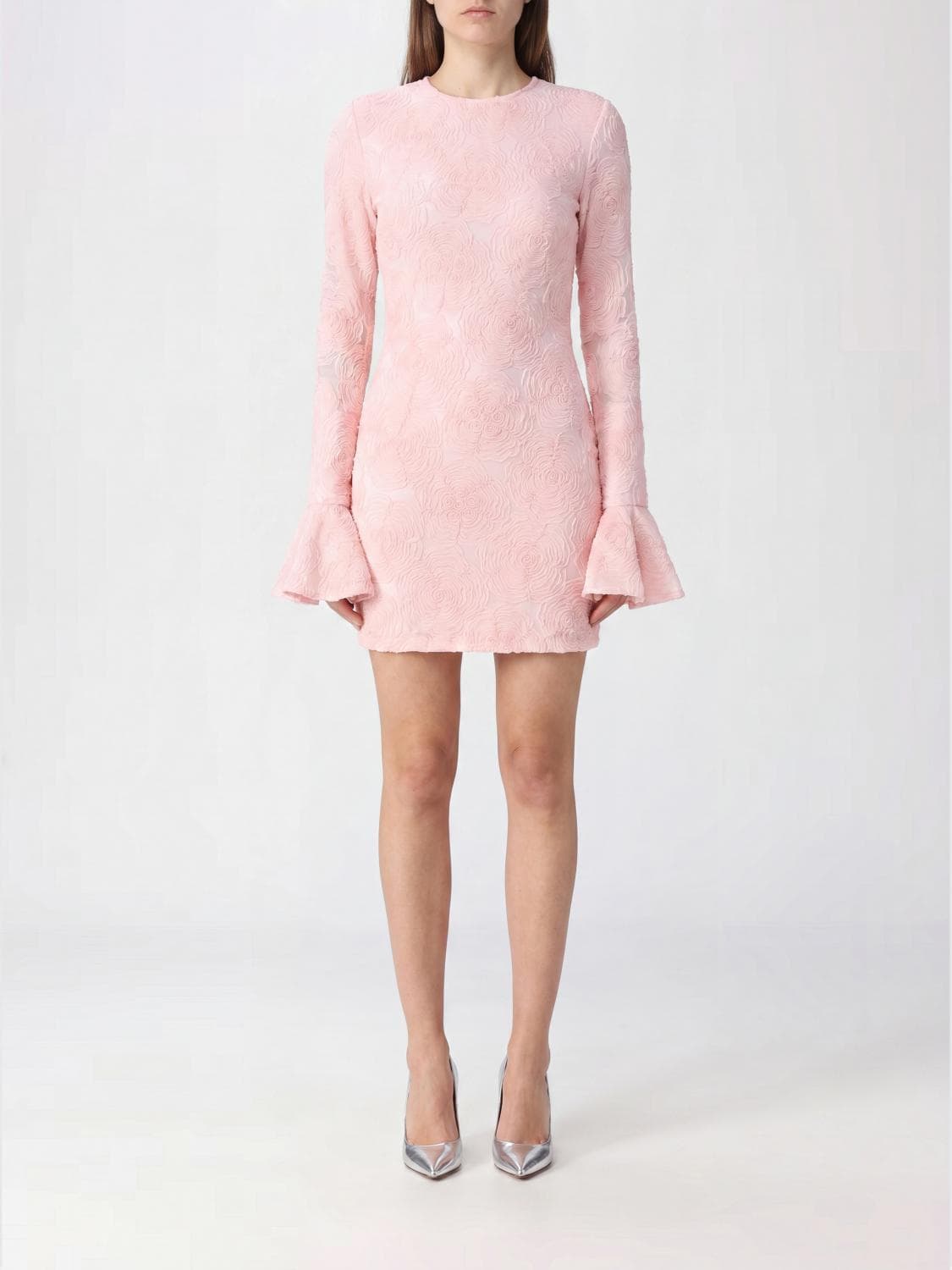 Rotate Floral Print Mesh Slim Fit Mini Sheath Dress with Long Sleeves