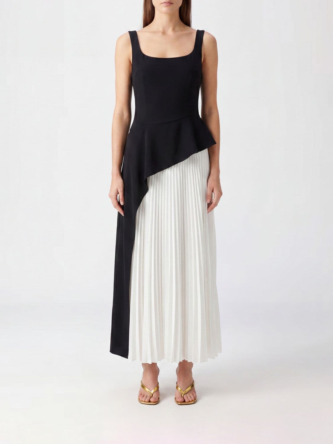 Simkhai Zayla Pleated Cady Midi Evening Dress with Thin Straps
