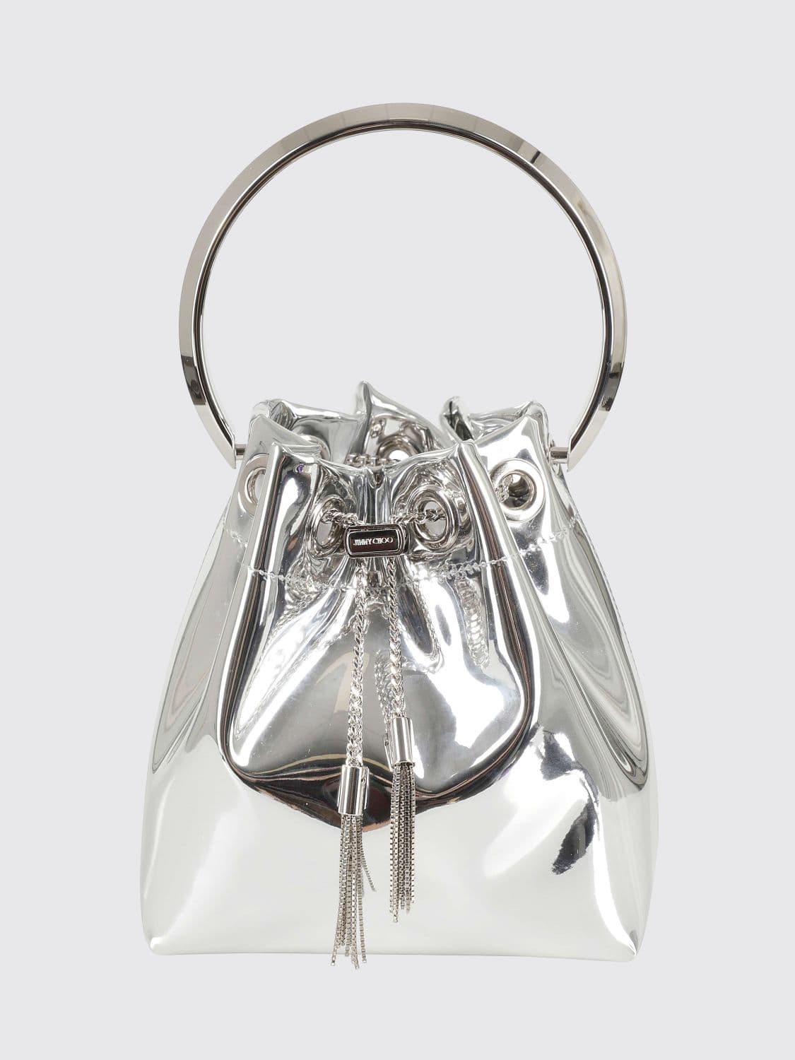 Jimmy Choo Bon Bon Mini Bucket Bag in Mirror Fabric with Rigid Handle · OS