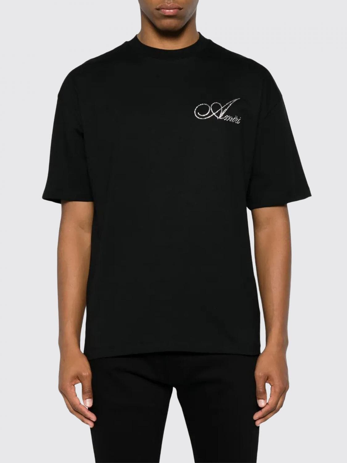 Amiri Cotton T-Shirt with Rhinestone Logo and Dropped Shoulders