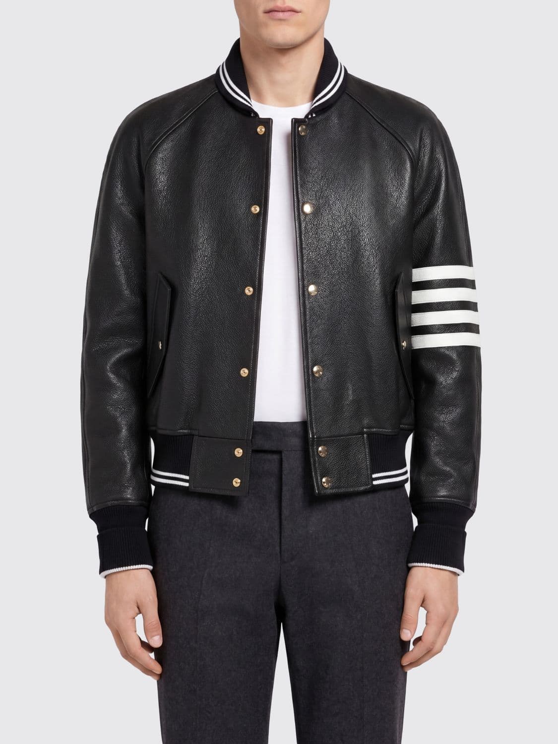 Thom Browne 4-Bar Cotton Bomber Jacket with Leather Details