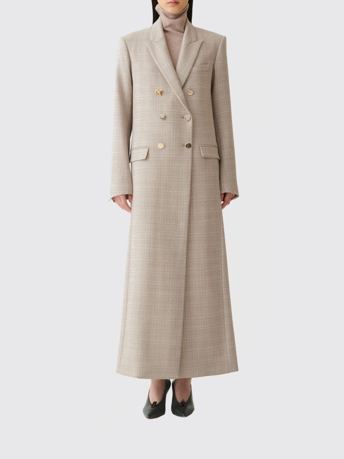 Fabiana Filippi Double-Breasted Long Wool Coat with Peak Lapels