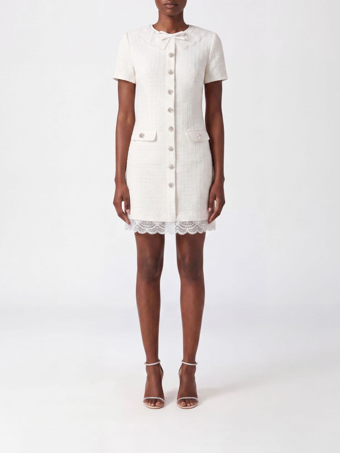 Self-Portrait A-Line Wool Bouclé Mini Dress with Lace and Sequins