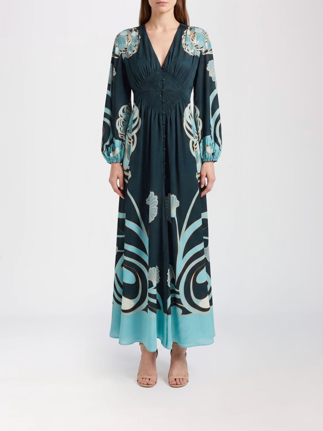 La Doublej Floral Print Silk Midi Shirtdress with Balloon Sleeves