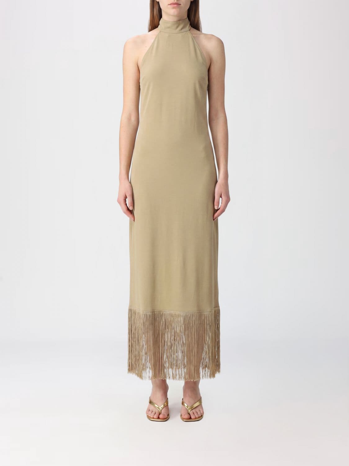 Taller Marmo Halterneck Midi Sheath Dress with Fringed Details