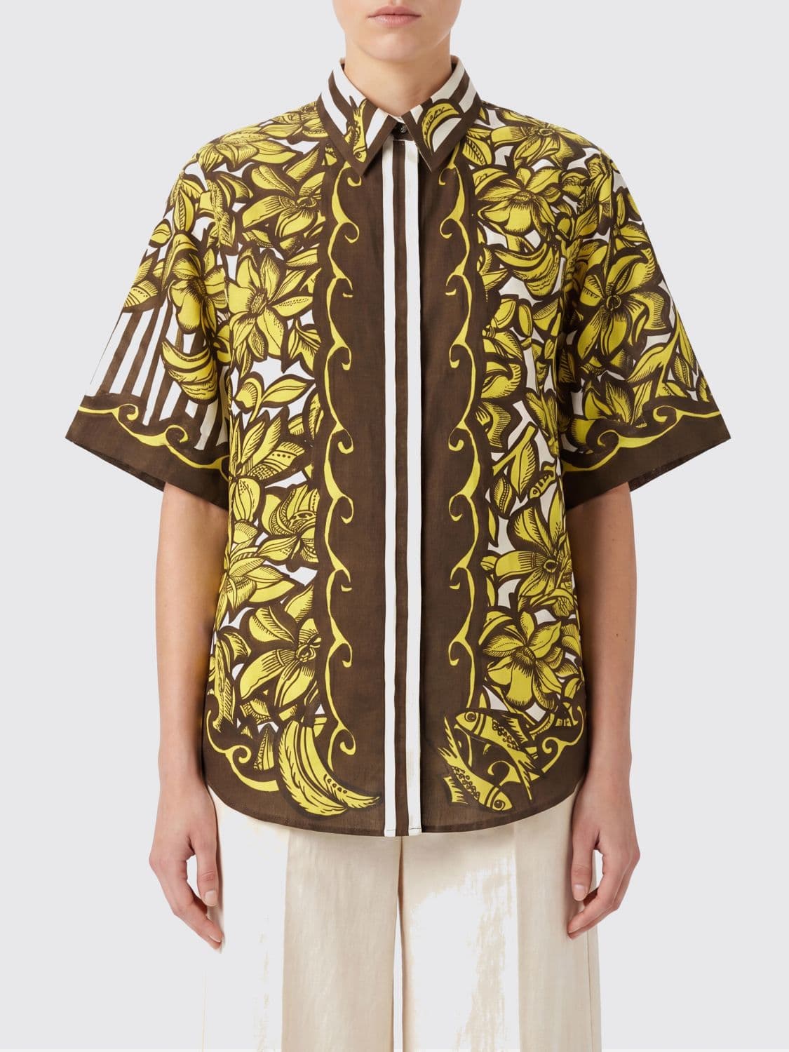 Alemais Floral Print Short-Sleeve Hemp Shirt with Logo