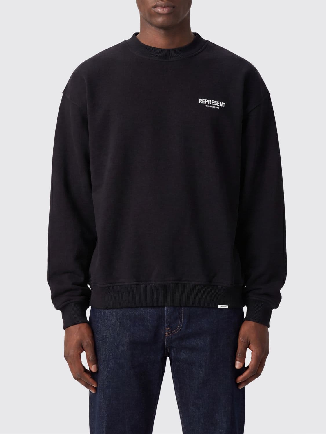 Represent Cotton Crew Neck Sweatshirt with Logo Print and Dropped Shoulders