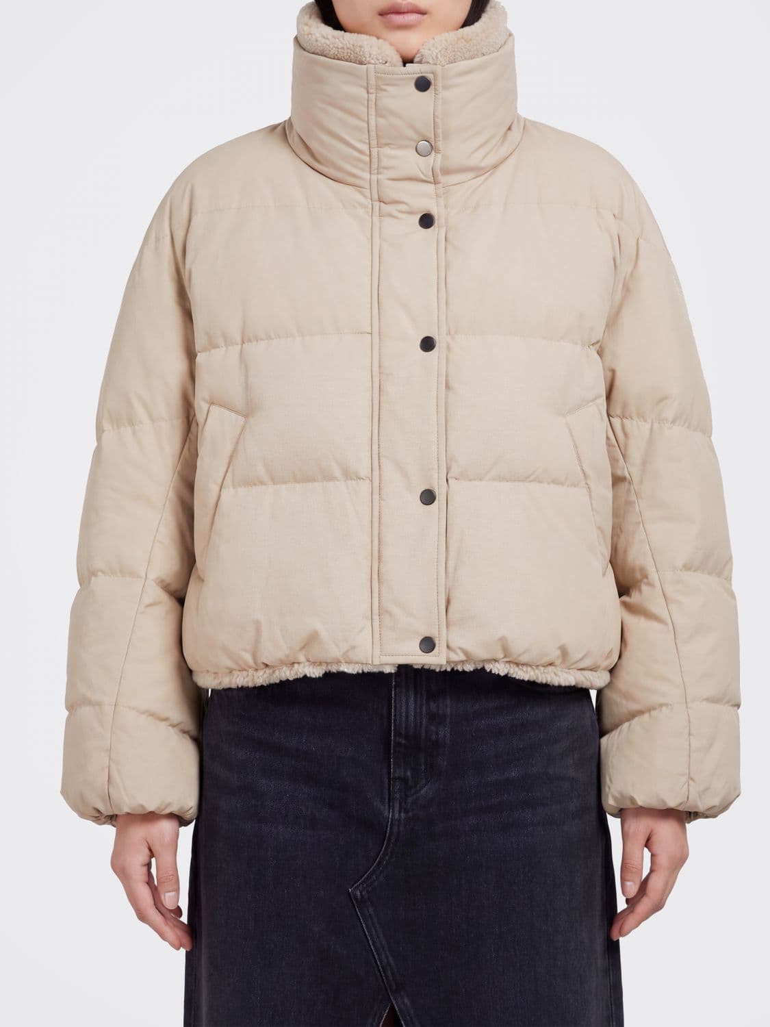 Brunello Cucinelli Short Quilted Down Jacket in Cotton with Fur Collar