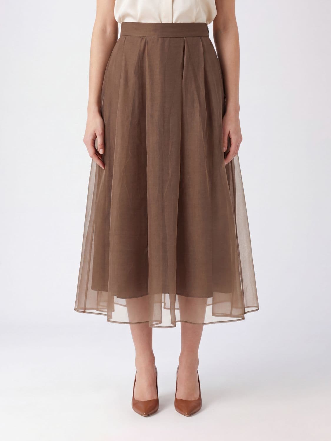Brunello Cucinelli High-Waisted Silk Midi Full Skirt