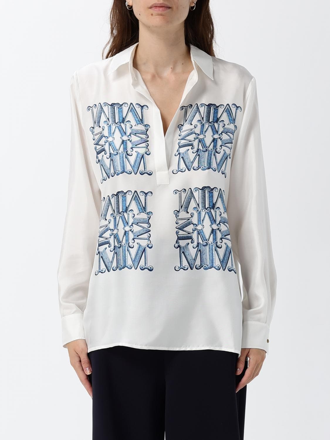 Max Mara Monogram Print Silk Shirt with Classic Collar