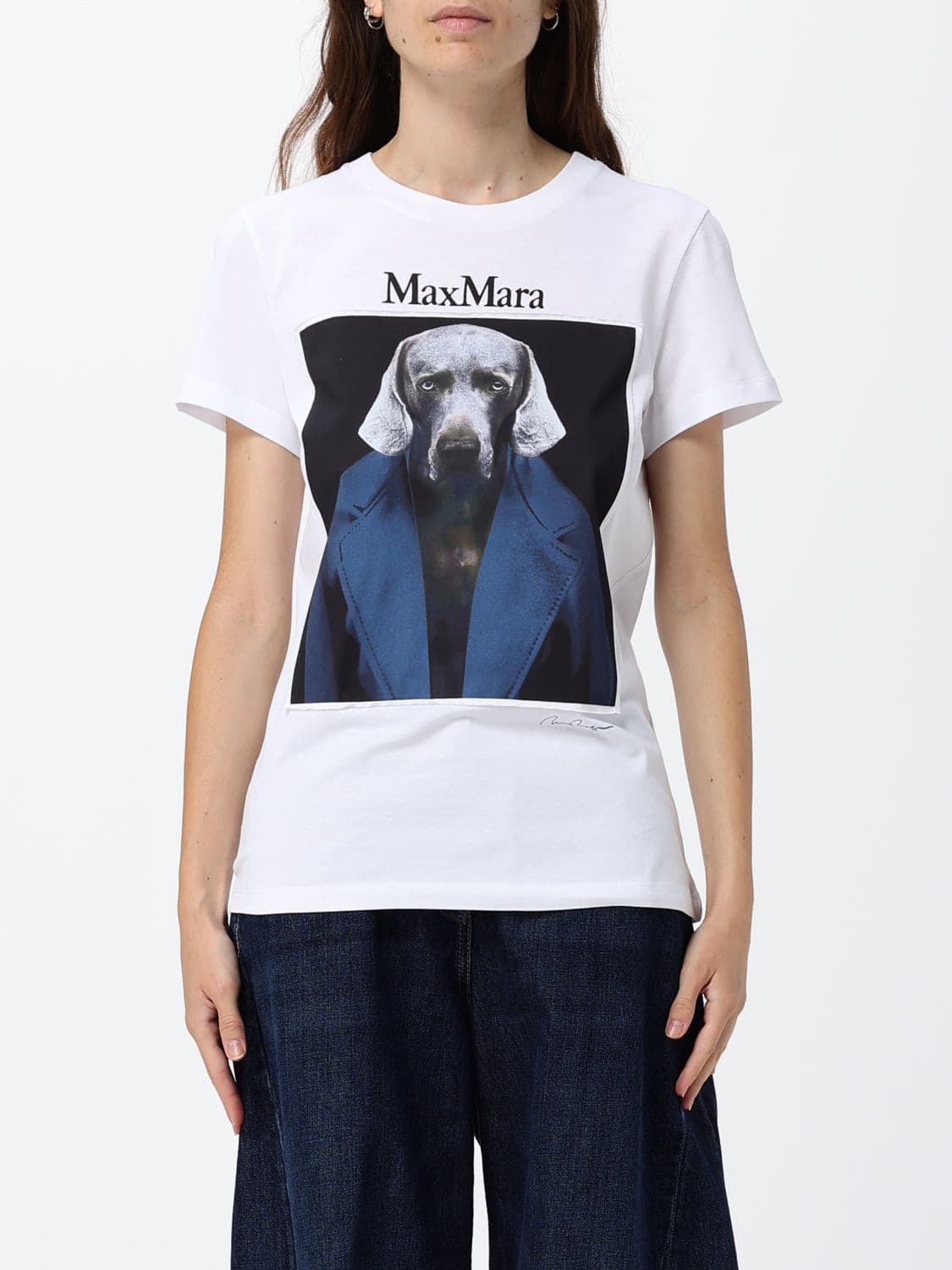 Max Mara Slim Fit Cotton T-Shirt with Graphic Print and Contrast Logo
