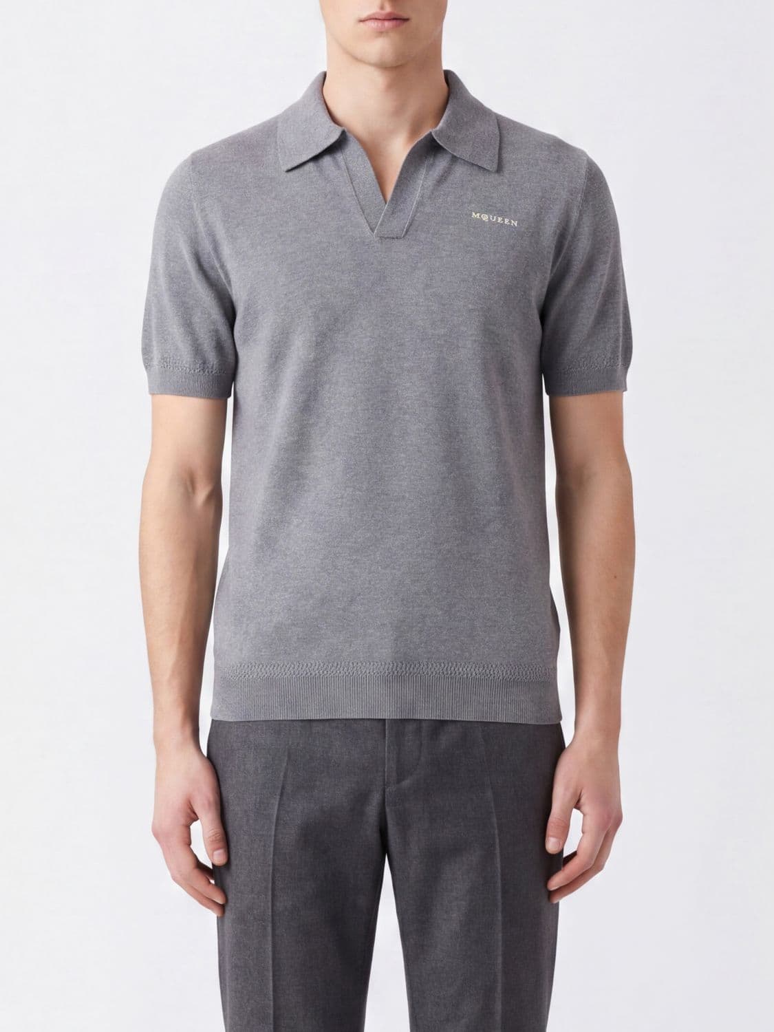 Mcqueen Short-Sleeve Wool Knit Polo with Embroidered Contrast Logo
