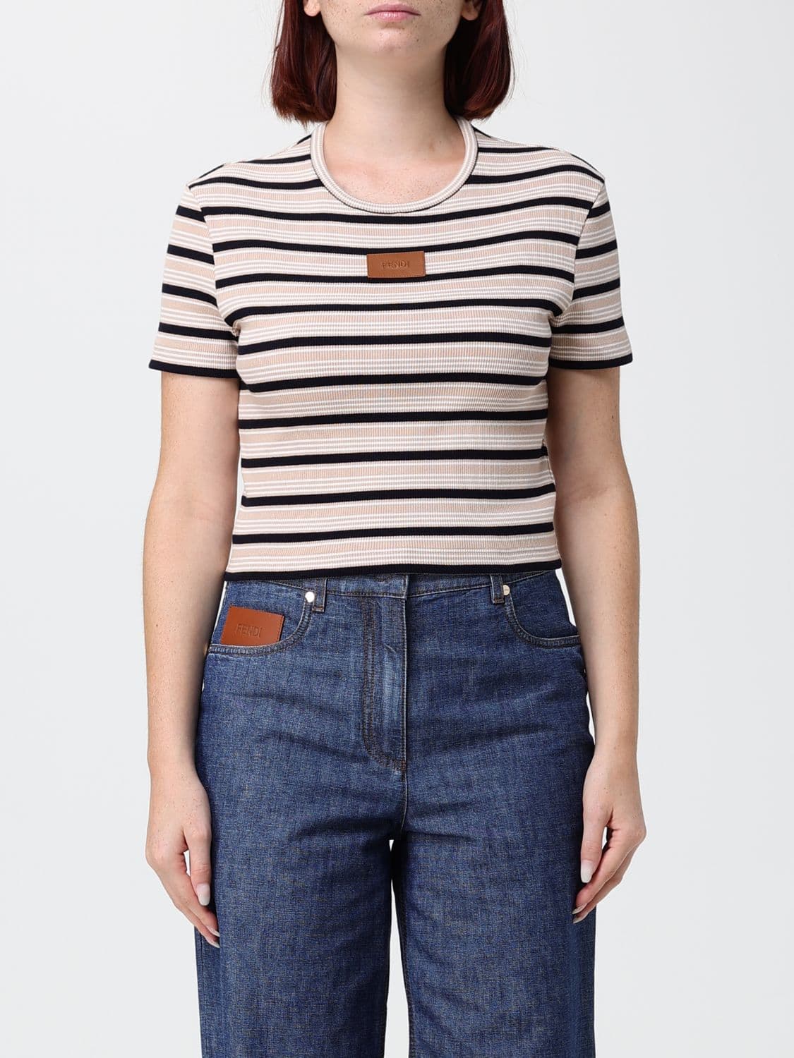 Fendi Striped Cotton Cropped T-shirt with Applied Logo