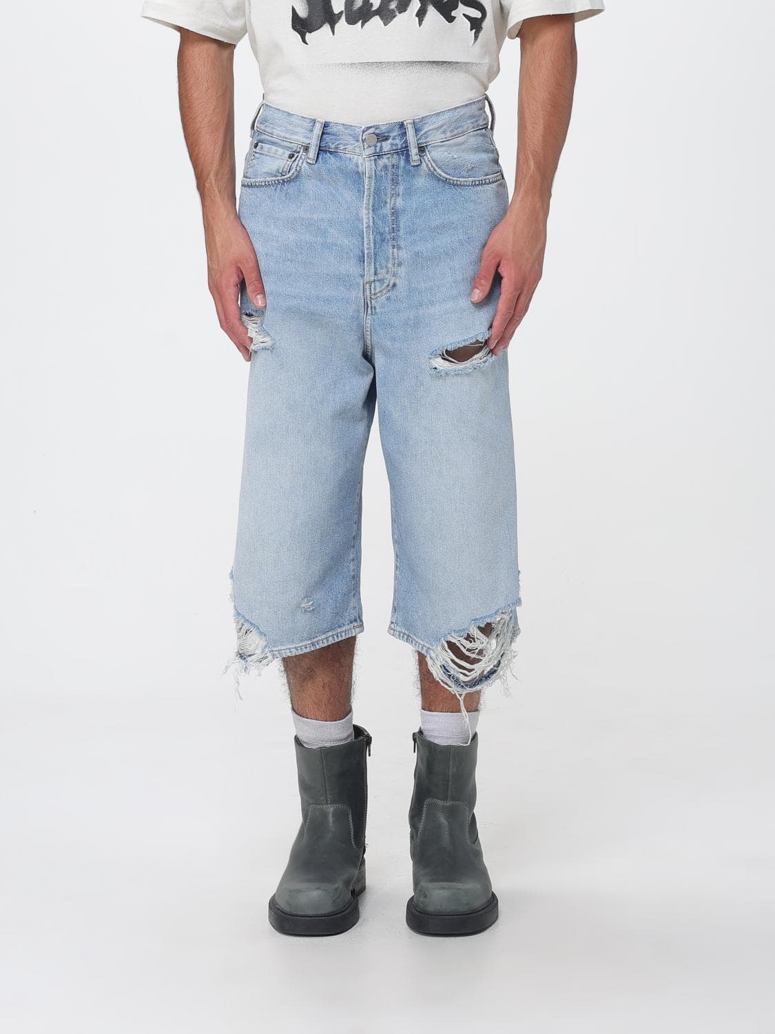 Acne Studios Knee-Length Shorts in Distressed Denim with Raw-Cut Hem