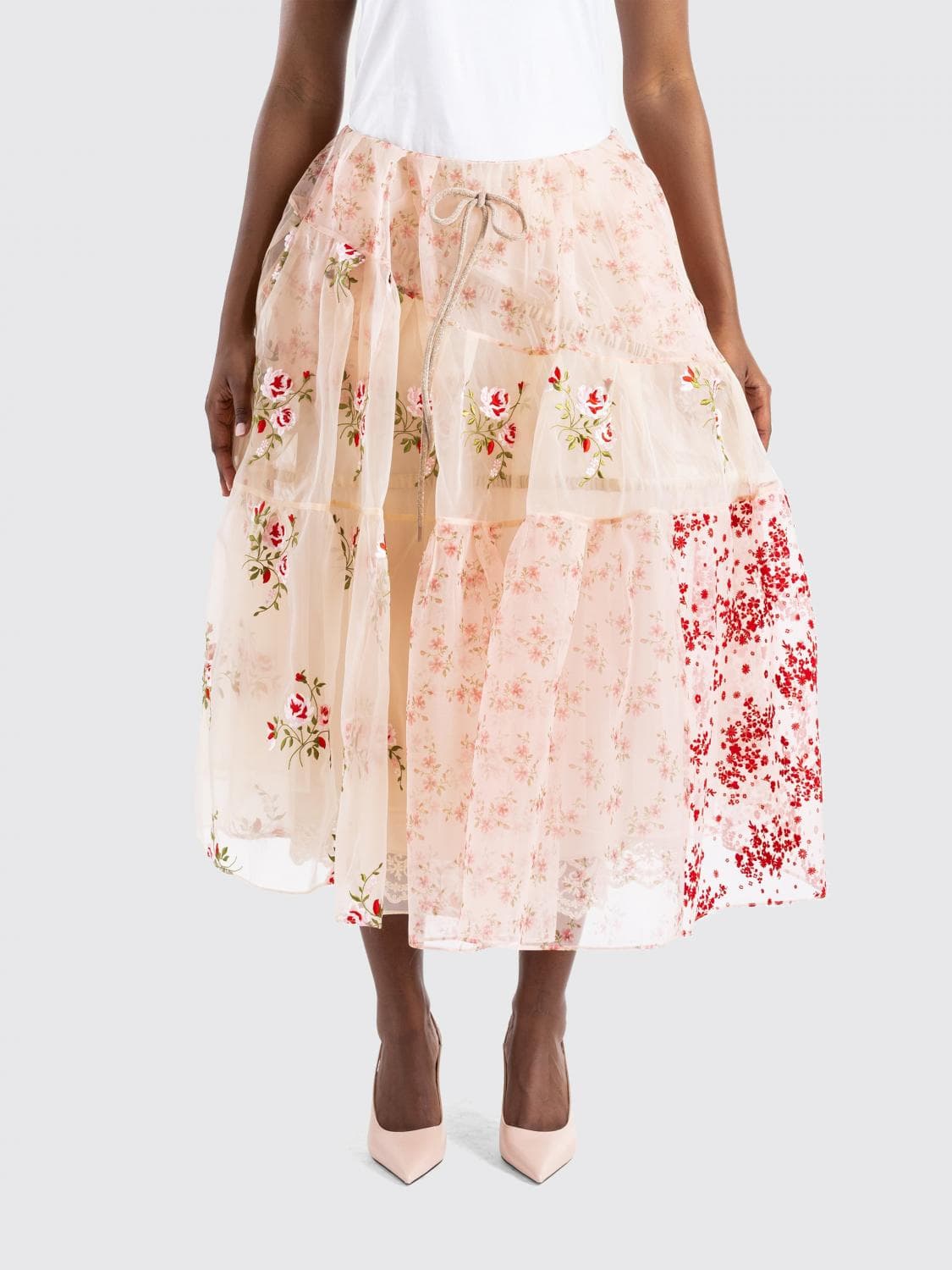 Simone Rocha Floral Print Crêpe Midi Skirt with a Flared Shape and Drawstring